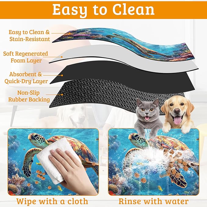 Sea Turtle Dog Cat Food Mat,Colorful Coral Absorbent Waterproof Placemat for Food and Water Non Slip Rubber Backing Durable Feeding Pad for Clean Floors 16" x 24"