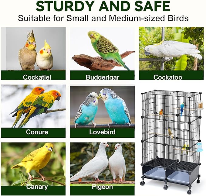 Upgraded Encrypted 46-Inch Bird Cage, with Wooden Perches, Metal Parakeet Cage with Slide-Out Tray, Water Bottle&Feeder, Bird Cages for Parrot,Parakeets,Cockatiel,Lovebird,Small Mid-Sized Birds