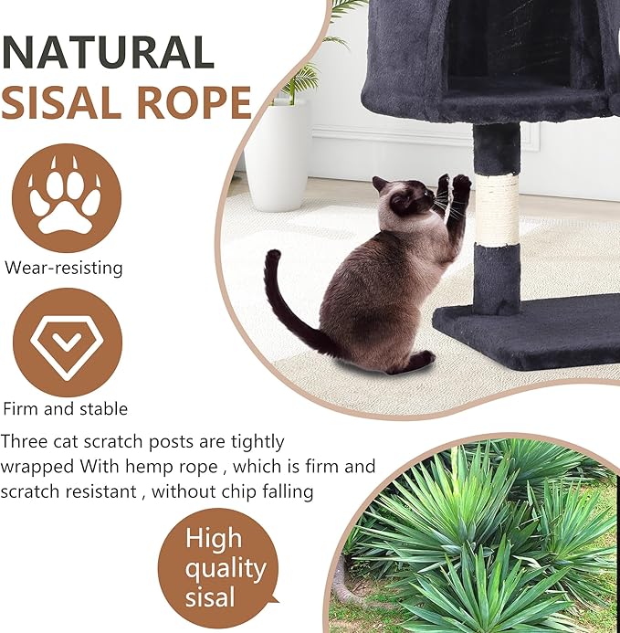 FDW | 36" Cat Tree Tower | Dark Gray | Multi-Level Indoor Activity Center with Sisal Scratching Posts, Condos, Plush Perches, Hanging Cat Toys | Sturdy, Easy to Assemble | for Kittens & Adult Cats