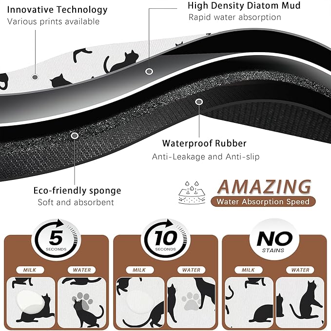 Funny Black Cat Dog Food Mat,Absorbent Pet Feeding Mat with Rubber Backing,Non-Slip Water Bowl Placemat,Indoor Pet Accessories Supplies 16"x24"