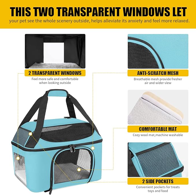 Large Cat Carrier for 2 Cats Safe Soft Side Pet Carrier for Dog Collapsible Travel Small Dog Carrier TSA Airline Approved Cat Carrier for Large Cats 20 lbs, Blue