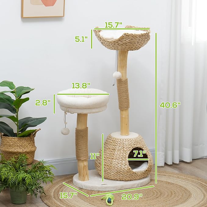 PawHut Cat Tree for Indoor Cats, 41" Wooden Kitten Tower with 2 Real Branch Scratching Posts, Luxury Condo, Beds & Toby Balls, Kitten Activity Center & Cat Furniture, Cream White