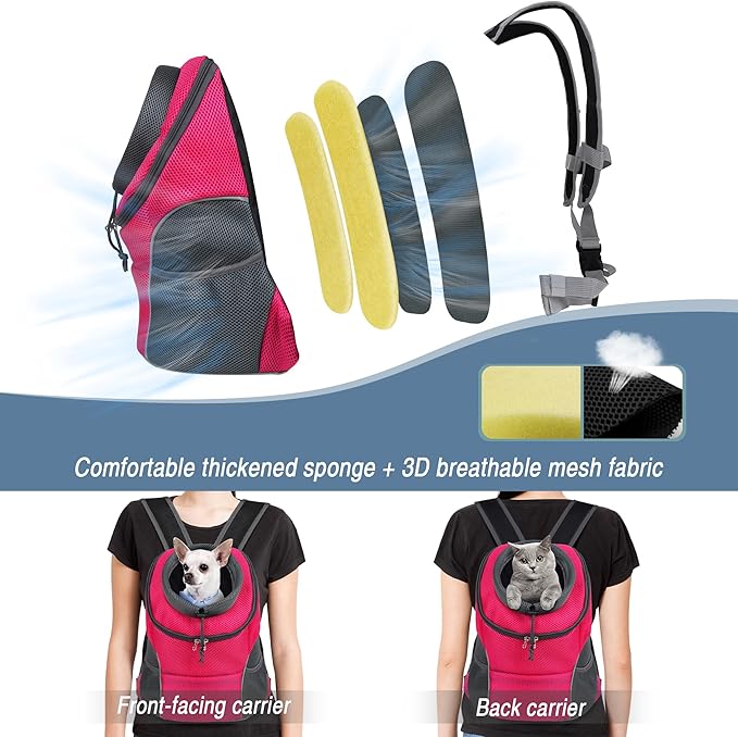 WOYYHO Pet Dog Carrier Backpack Small Dog Front Backpack Ventilated Dog Carrier Back Pack with Storage Pockets, Adjustable Straps & Safety Belt for Travel Hiking Outdoor (Size L: 10-14 lbs, Rose)