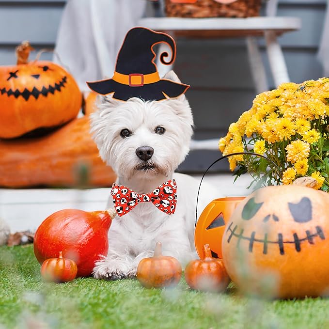 Halloween Dog Collar, Holiday Adjustable Ghost Skull Collar with Bow Tie Metal D-Ring & Secure Buckle Soft Nylon for Small Medium Pets Puppies
