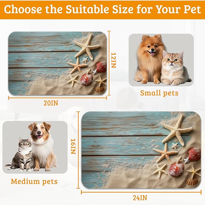 Sand Starfish Dog Cat Food Mat,Wood Board Absorbent Waterproof Placemat for Food and Water Non Slip Rubber Backing Durable Feeding Pad for Clean Floors 12" x 20"
