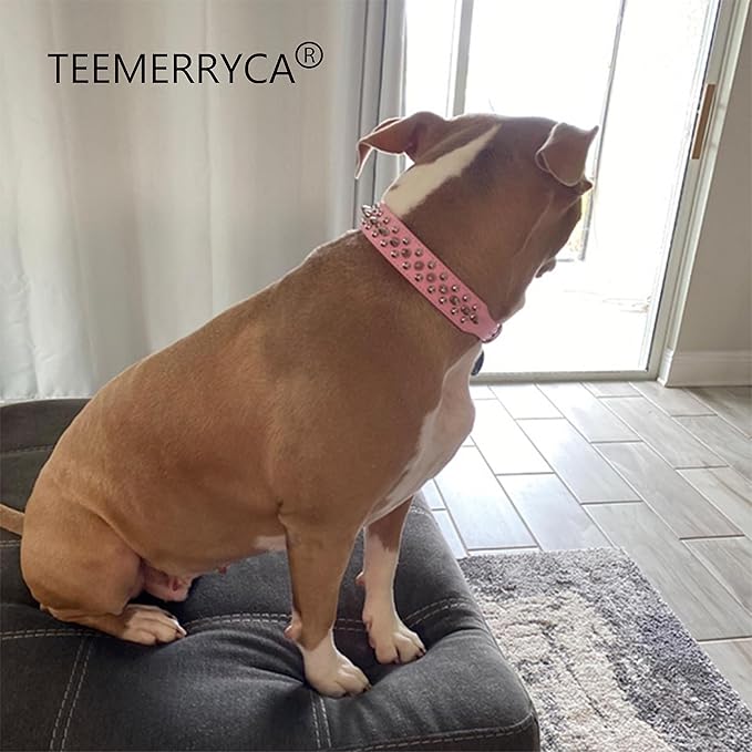 TEEMERRYCA Adjustable Leather Spiked Studded Dog Collars with a Squeak Ball Gift for Small Medium Large Pets Like Cats/Pit Bull/Bulldog/Pugs/Husky, Pink, XL 17.7-20.5 inches
