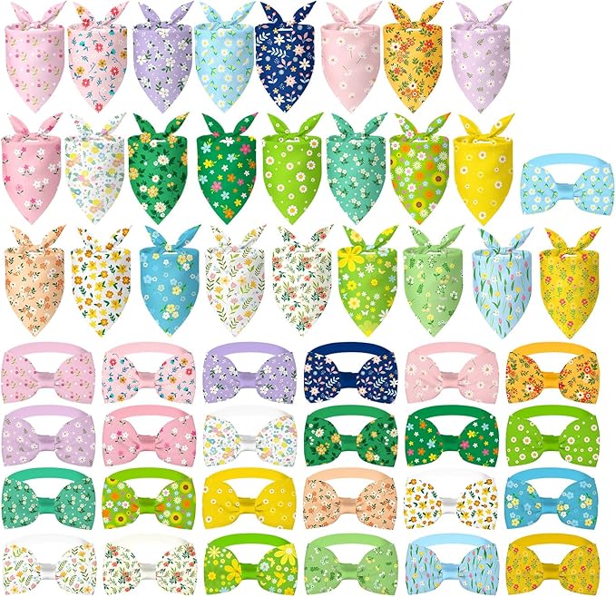 Sanwuta 50 Pcs Spring Dog Bandanas Bulk and Collar Bow Ties Set 25 Bandanas 25 Charm Collar with Daisy, Flower, Floral Triangle Pet Scarf Bowtie for Small Medium Large Costume Grooming