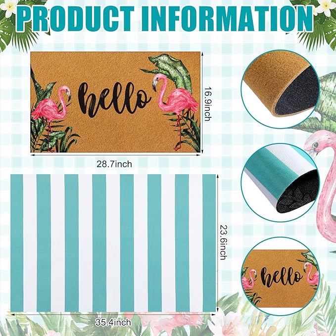 Tinideya 2 Pcs Summer Door Mat Flamingo Welcome Non Slip Coir Hello Mats Floor Layering Doormats Seasonal for Front Porch Entryway Decor(Brown Green White,Hello Flamingo)