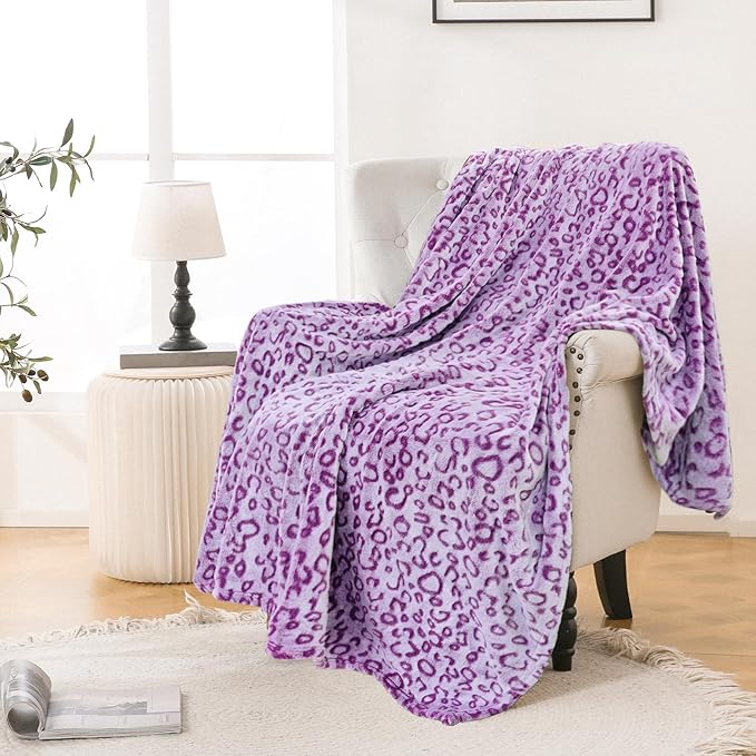 Bnuitland Purple Leopard Print Flannel Throw Blanket, 300 GSM Double Sided Fuzzy Fluffy for Bed Sofa Couch Travel, Super Soft Lightweight Cheetah Print Blanket for Adults and Kids, 50×40 inch