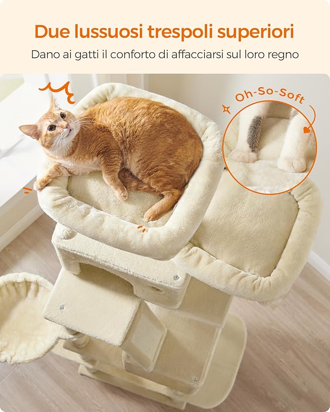Feandrea Cat Tree, 81.1-Inch Large Cat Tower, Multi-Level Plush Condo with 13 Scratching Posts, 2 Perches, 2 Caves, Basket, Hammock, Pompoms, Beige UPCT190M01