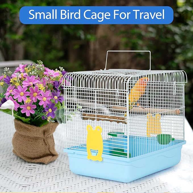 Small Bird Cage, Lightweight for Parakeets, Hanging for Parrot, Travel for Cockatiel, Outdoor Budgie, Pet Products Flat Top Economy Small Animal Cage with Stand Accessories with White Wire, Blue
