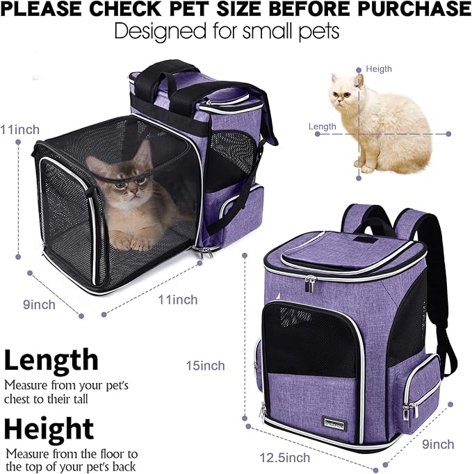 BAGLHER Expandable Pet Carrier Backpack，Pet Backpack for Small Cats Puppies Dogs Bunny, Airline-Approved Ventilate Backpack for Travel, Hiking and Outdoor Use. Purple