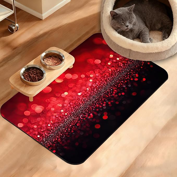 Red Gradienr Feeding Mat,Black Glitter Absorbent Quick-Dry Cat Dog Food and Water Bowl Mats,Non-Slip Rubber Backing Mat,Cat Dog Accessories Supplies 16" x 24"