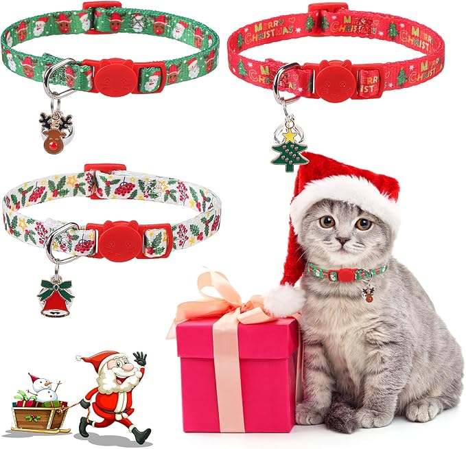 SCENEREAL Christmas Breakaway Cat Collar with Bells, Safety Buckle Soft Adjustable Cats Collars for Daily Wearing, Kitten Puppy Personalised Collars for Dogs Girl Boy