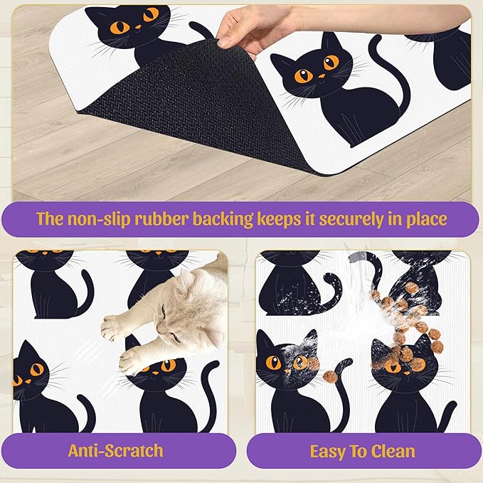 Cute Black Cats Pet Feeding Mat, Absorbent Dog and Cat Bowl Pad, Fast Dry, Non-Slip Back – 12x20 Inch