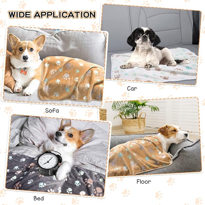 Rezutan Upgraded Dog Blankets for Medium Dogs, 3 Pack Dog Cat Blanket Washable, Soft Pet Throw Cover Suitable for Kennel Crate Bed, Cute Paw Pattern, 30"x20" Grey/Brown/White