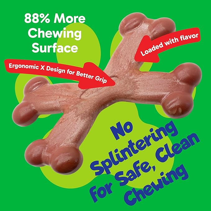 Chew’EMS X Bone Dog Chew Toy for Aggressive Chewers – Long-Lasting Bacon Flavor Nylon Bone – Durable, Rawhide-Free Dental Toy - Giant Size – Made in USA