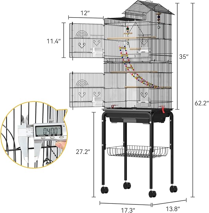 DWVO 62-inch Metal Bird Cage: Bird Cage Spacious for Cockatiels, Parrots, Pigeons, Lovebirds, Features Roof Access and Rolling Stand Black