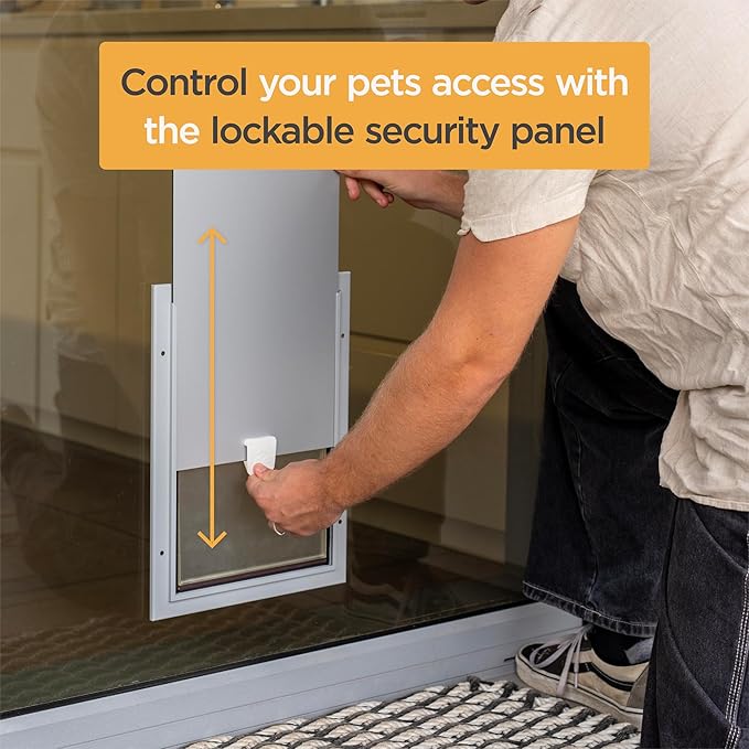 Hakuna Pets Deluxe Aluminum Pet, Cat and Dog Door with 2-Way Locking Panel for Screens, Doors and Walls up to 2.8" Thick, Large, Silver