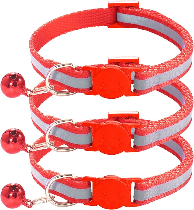3 Pack Reflective and Breakaway Cat Collars with Bells，Adjustable Kitten Collars from 7.5 to 12.5 Inches, Ideal of Kitten Collar, Suitable for Girls and Boys (Red)