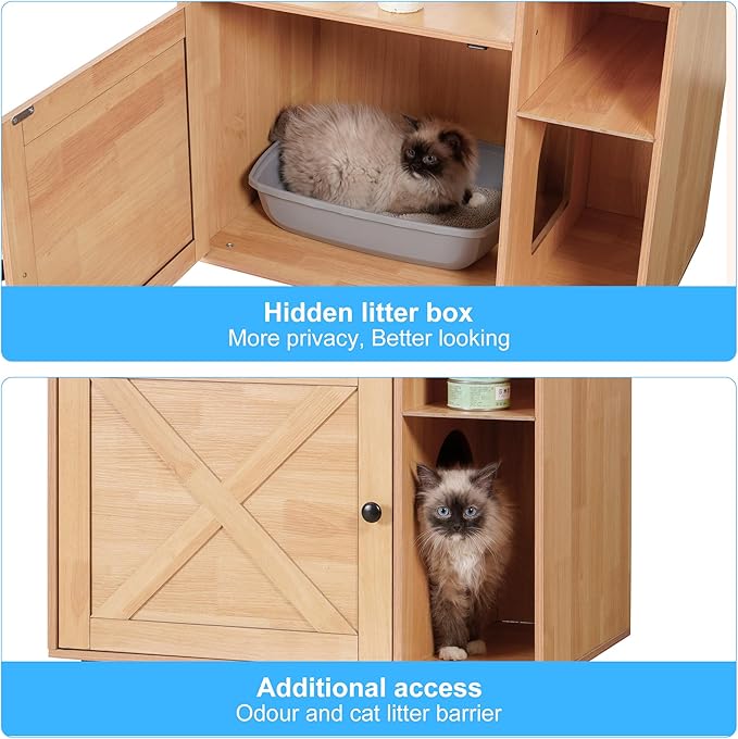 Hey-brother Cat Tree with Litter Box Enclosure, Modern Cat Tower for Indoor Cats with Large Platform, Condo Food Station and 2 Hammocks, All-in-one Cat Furniture, Wood Walnut MPJ115WB