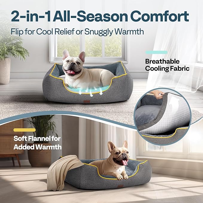 Orthopedic Medium Sized Dog Bed with Removable Washable Cover, Waterproof & Non-Slip Base, Cat Couch Sofa, Comfortable Pet Bed with Cooling/Warming, Dual-Layer Interior Padding, 28", Grey