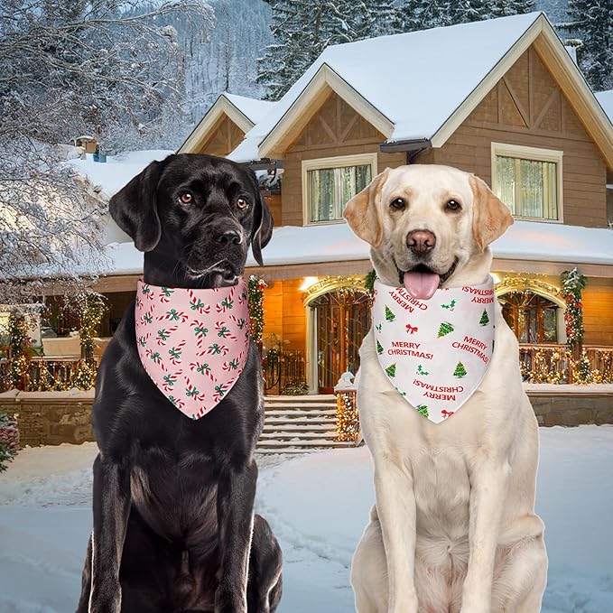 Cute Christmas Dog Bandanas XLarge 2PCS, 4 Pattern Holiday Scarf for Boy and Girl, Triangle Reversible Bibs Breed for Puppy Pets