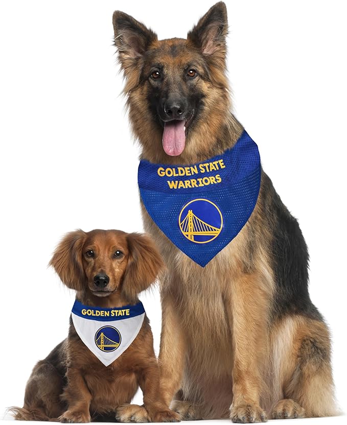Pets First NBA DOG BANDANA - GOLDEN STATE WARRIORS REVERSIBLE PET BANDANA. 2 Sided HOME & AWAY Sports Bandana with a PREMIUM Embroidery TEAM LOGO, Small/Medium.