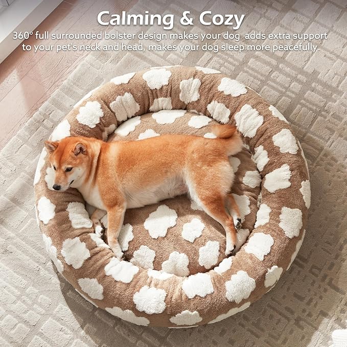 JOEJOY Donut Dog Bed Medium Size Dog, Cute Round Calming Pet Bed with Removable Washable Cover, Orthopedic Puppy Bed with Jacquard Shaggy Plush & Non Skid Bottom