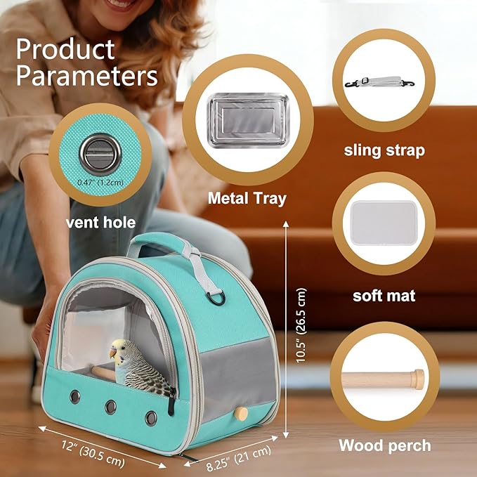 halinfer Small Bird Travel Carrier for Parakeet Budgies Parrot Cockatiel Conure, Portable Lightweight Clear Front Window with Horizontal Bar for 2 Birds Standing Perch