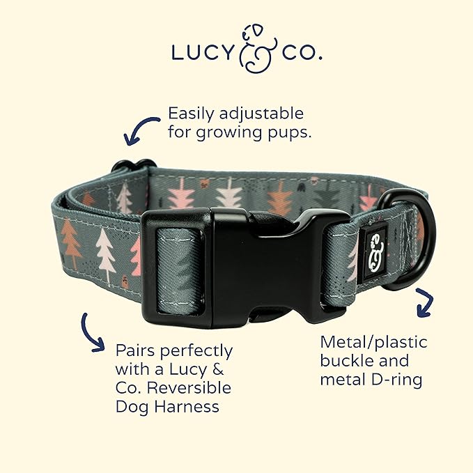 Lucy & Co. Take a Hike Adjustable Dog Collar- Cute Designer Pet Collar for Small, Medium, Large Dogs- Buckle Closure Dog Accessories, Small, Green Trees