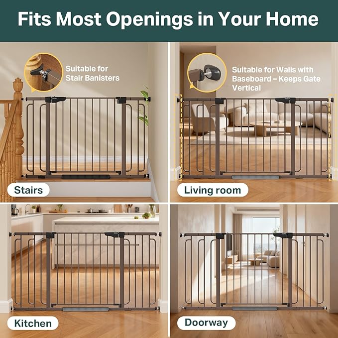 Cumbor 36.6-59" Extra Wide Baby Gate for Stairs, Pressure Mounted Dog Gate for Doorways, Auto-Close Easy Walk Through Safety Child Gate for Kids Toddler, Tall Pet Gates Indoor, Brown