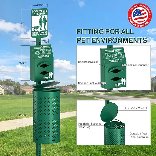 POCHAR Dog Waste Station Outdoor, Aluminum Rustproof Pet Poop Station with 600 Waste Bags & 50 Can Liners, Dog Park Equipment with Sign & Lid - Pet Poop Disposal System for Backyard