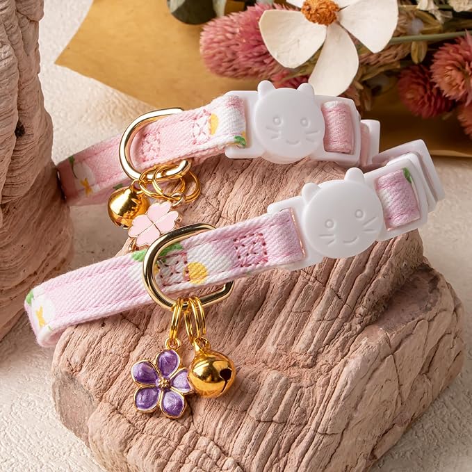 2 Pack Cotton Breakaway Cat Collar Purple and Pink Flowers Pendant Cute Kitten Cat Collar with Bell