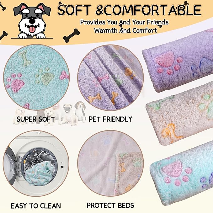 Rezutan Dog Blankets Throw 3 Pack for Large Medium Pet Cat Soft Fuzzy Blankets Washable,Reversible Paw Print for Dog Kennels-Beds, Sofas, Furniture Protection,41 x 31 inch, Purple/Green/Brown