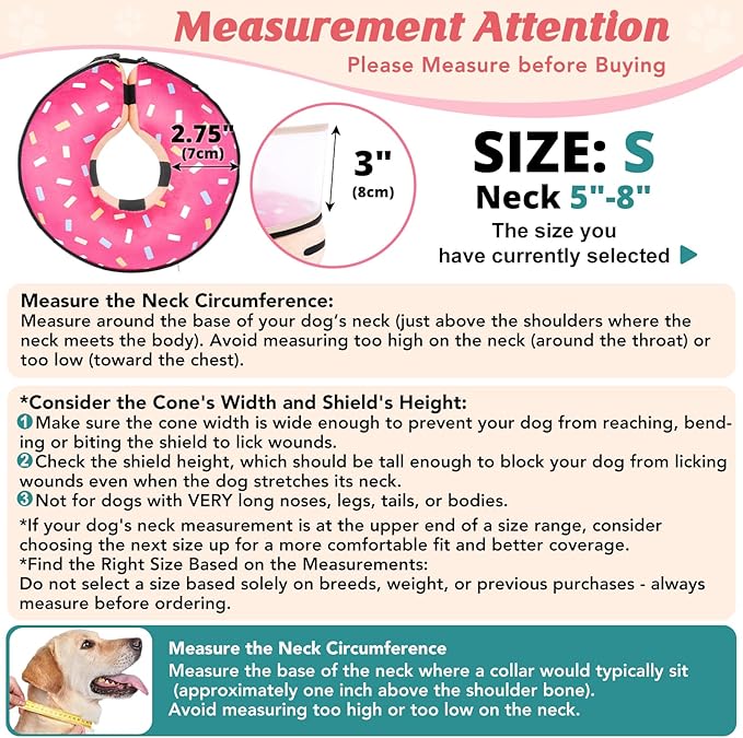Inflatable Dog Cone with Anti-Licking Clear Shield, Protective Dog Donut Collar After Surgery, Adjustable Soft Recovery Cone for Pets, Alternative Collar with Buckle Strap (Pink, S)