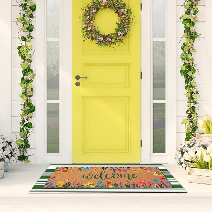 Tinideya 2 Pcs Door Mat Welcome Non Slip Coir Mats Floor Layering Doormats Seasonal for Front Porch Entryway Decor(16.14 x 47.24 Inches,Spring Flowers,Green Brown)