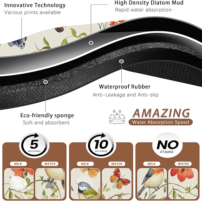 Butterfly Bird Dog Food Mat for Floors,Vintage Nature Absorbent Pet Food and Water Bowl Mats,Non-Slip Pet Feeding Mat,Pet Supplies 12" x 20"