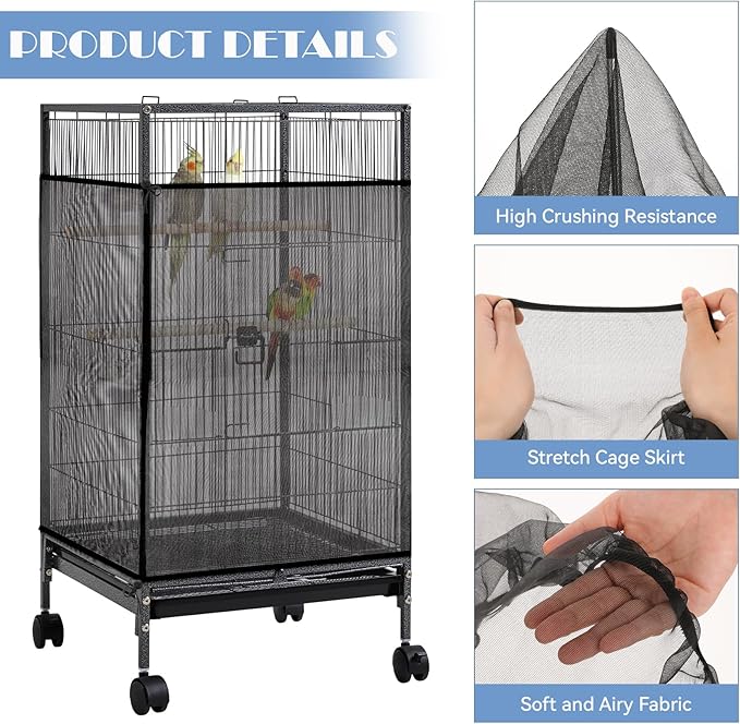Large Bird Cage Seed Catcher 31 x 118 inches Adjustable Bird Cage Net Cover Black Bird Cage Cover Elastic Band Mesh Cage Cover Skirt Nylon Mesh for Parakeet Parrot Cages