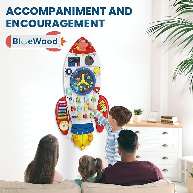 BlueWood Wooden Wall Busy Board Panels, Toddler Learning Activity Center, Montessori Philosophy Sensory, Educational Toys, Conducive to All-Round Development - Rocket