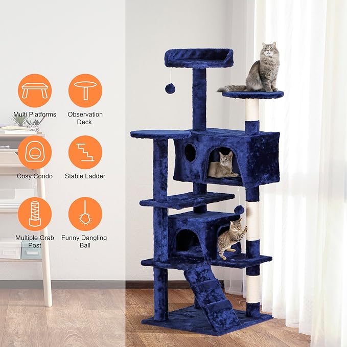 Multi-Level Cat Tree Tower with Condos, 54" Tall Cat Activity Center with Plush Perches and Toys, Space Saving Pet Playhouse for Kittens and Cats (Blue)