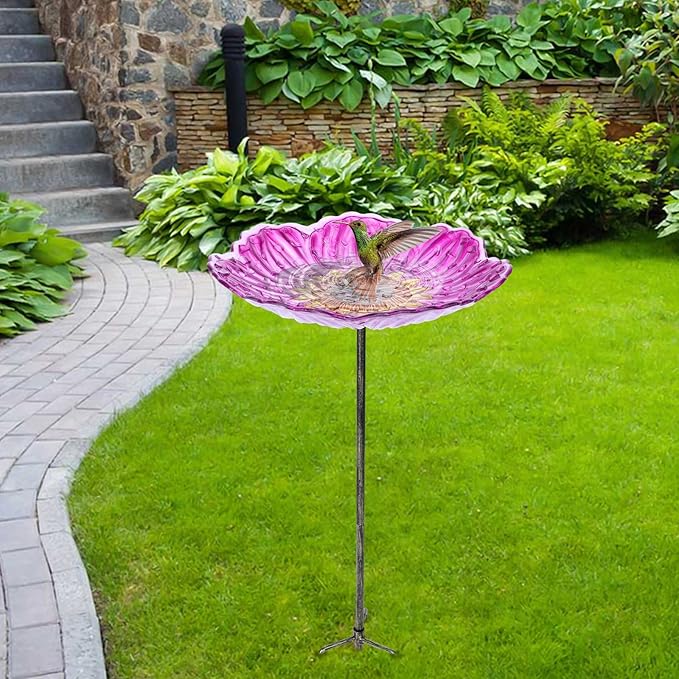 MUMTOP Glass Bird Baths for Outdoors, 12 Inch Bird Bath Bowl with Metal Stake Sunflower Bird Feeders for Garden and Patio Decor