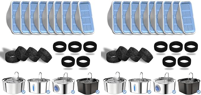 PEKTACO Cat Water Fountain Filters Replacement & Pre-Filter Sponges for 3.2L/108oz Automatic Pet Fountain, Dog Water Dispenser 18 Pack Filters & 9 Pre-Filter Sponges Foam Filters