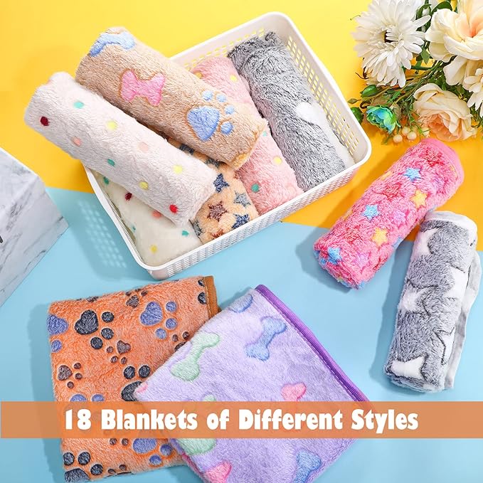 Chumia 18 Pcs Fleece Puppy Blanket Bulk, Soft Warm Pet Blanket with Paw Bone Star Elephant Dot Heart Printed Fluffy Throw Bed Mat for Small Medium Dog Cat Kitten Animals(23 x 16 Inch, Sweet)