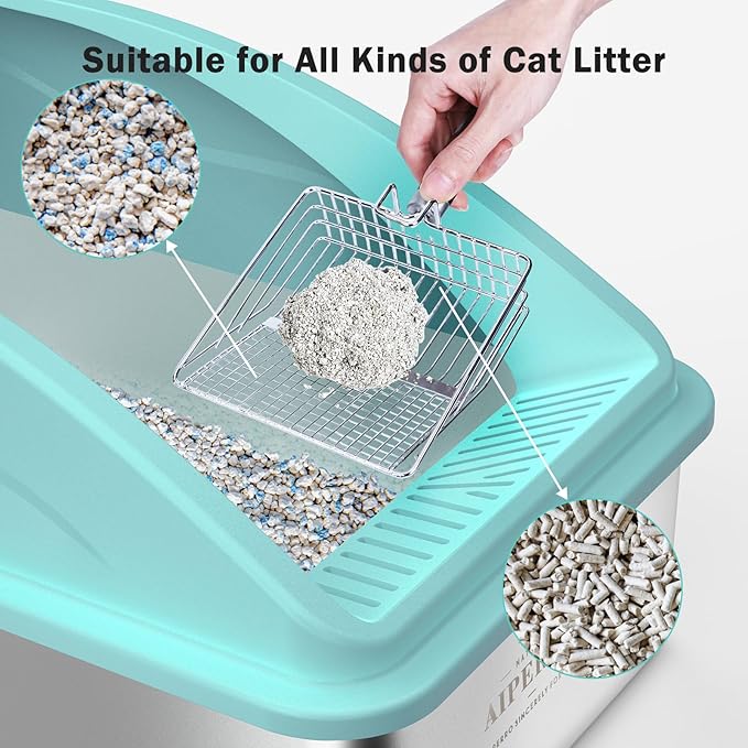 Stainless Steel Litter Box | XL Enclosed Cat Litter Boxs with Lid for Big Cats | High Sided, Anti-Urine Leakage | Non-Stick Bottom & Includes Litter Mat & Metal Scoop (Turquoise, X-Large)