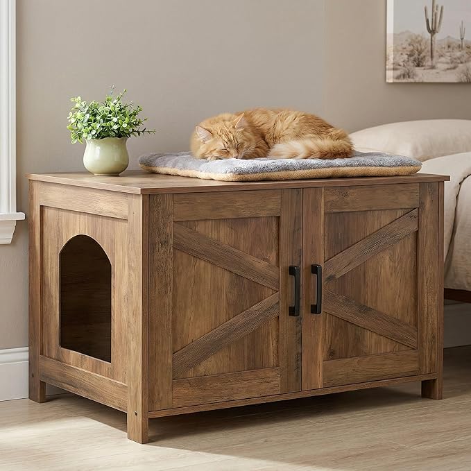 Homhedy Cat Litter Box Enclosure, Wooden Cat Washroom Furniture with Barn Door, Pet House, Fit Most of Litter Box, Rustic Walnut