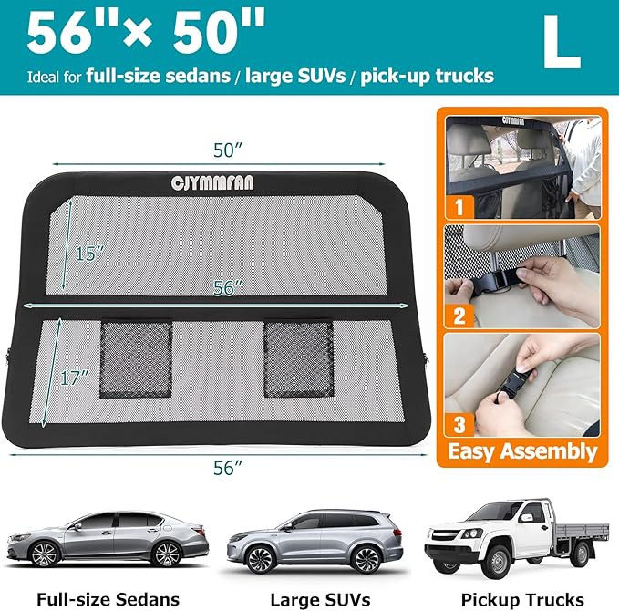 Dog Barrier for Car Back Seat & Cargo Area with Wider Coverage, Universal Fit for Car, SUV & Truck, Dog Car Divider with Chew-Proof Transparent Net and Sturdy Metal Frame for Backseat & Trunk