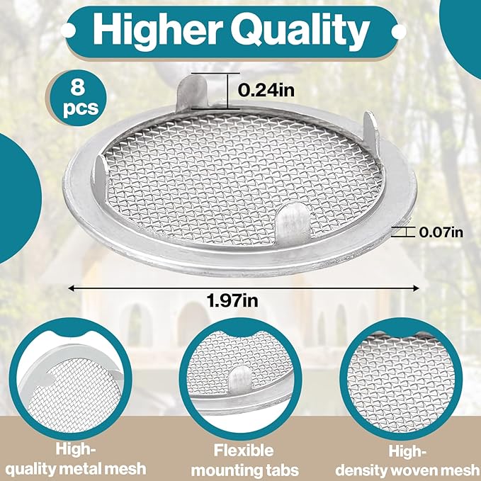 8-Pack 2" Circular Vent Covers, Steel Mesh Screen,Circular Screen with Tab Fasteners for Pet Cages (Reptiles/Birds) and Storage Shelves, Home, Garage & Industrial Airflow
