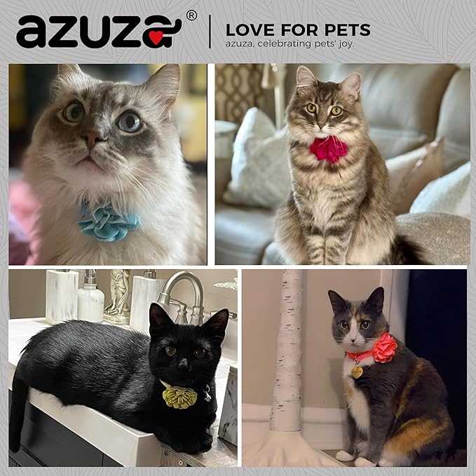 azuza 2 Pack Cat Collar Floral with Bell and Removable Flower Bowtie Breakaway Adjustable Velvet Fabric Cat Collar for Pets and Daily Decoration，Blue & Royal Blue
