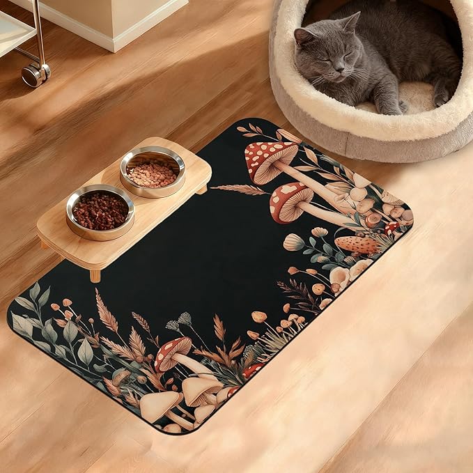 Vintage Mushroom Dog Food Mat,Leaf Absorbent Pet Feeding Mat for Food and Water Bowl,Quick Dry Dog Placemat Non Slip Rubber Backing Waterproof Pet Supplies 12" x 20"